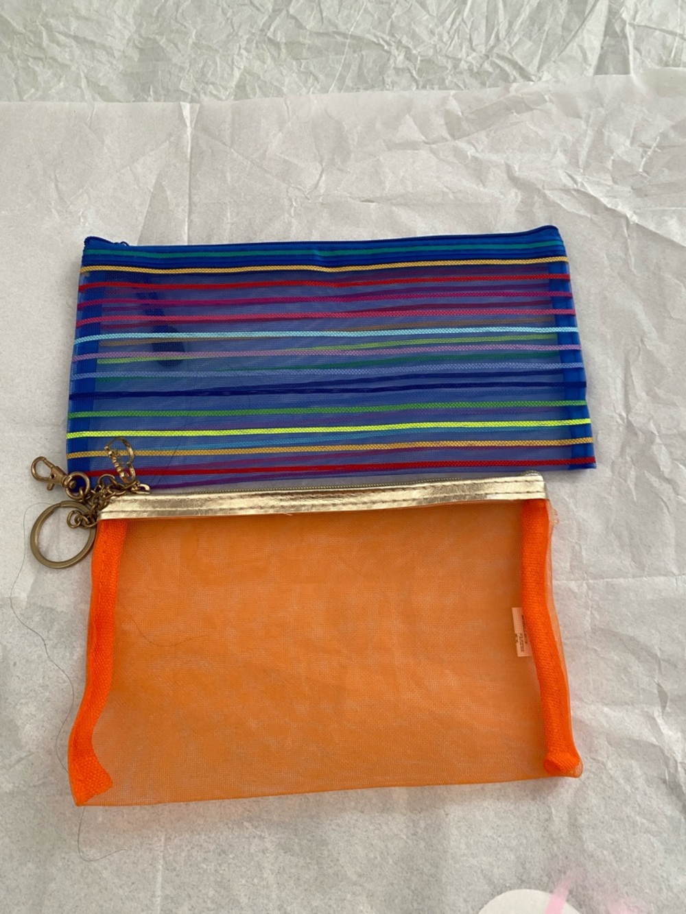 Striped Blue Multicolor Mesh Pouch Set with Orange Mesh Clutch